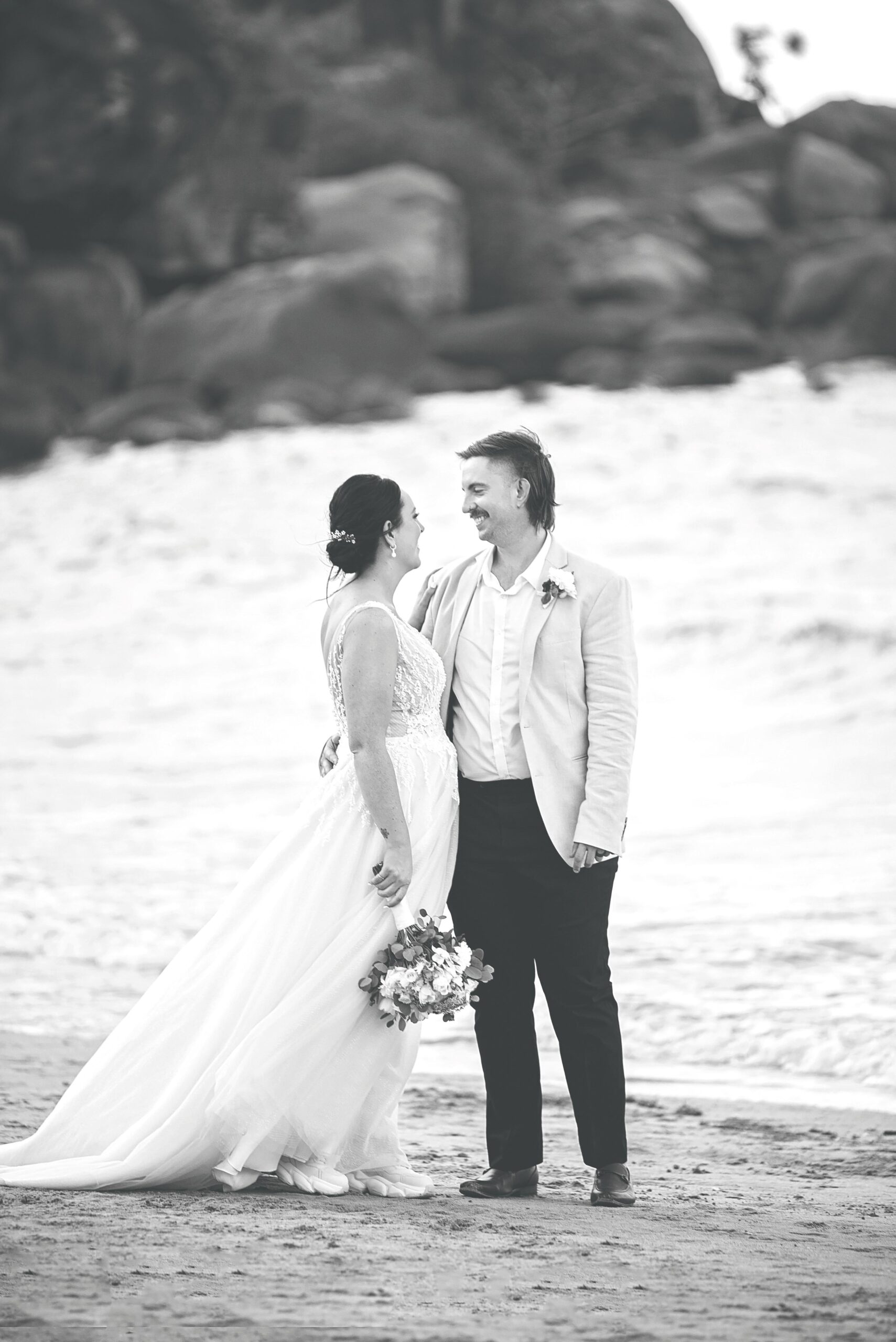 Bride and groom posing at Horseshoe Bay at Sunset